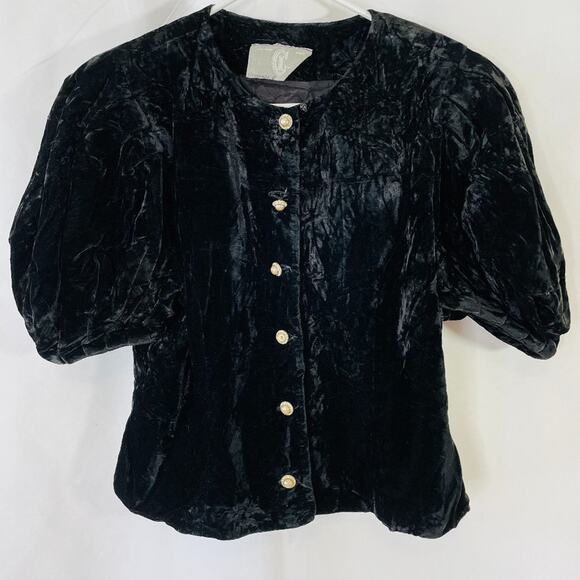 Vintage 80s Black Velvet Blouse w Pearl Rhinestone Buttons – Statement Shoulders - Picture 3 of 9